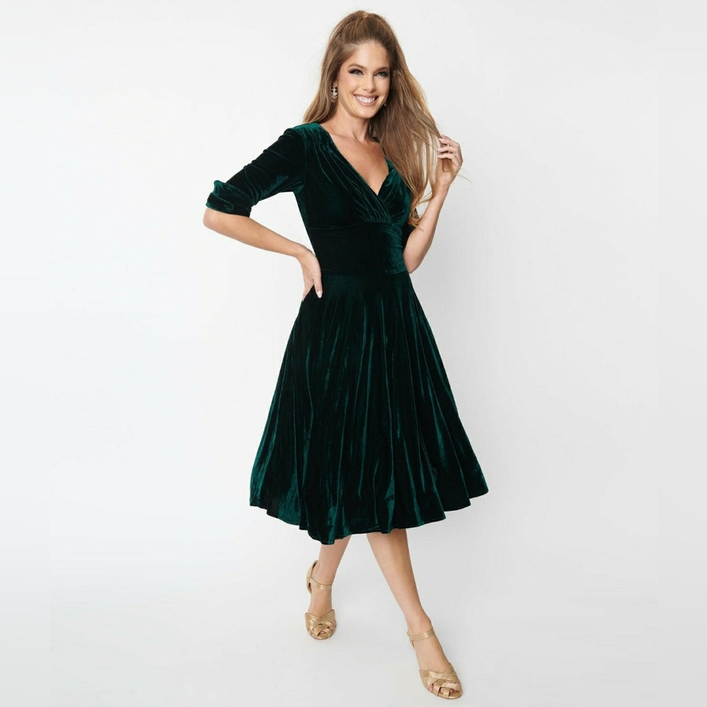 Unique Vintage Velvet Green Delores Dress